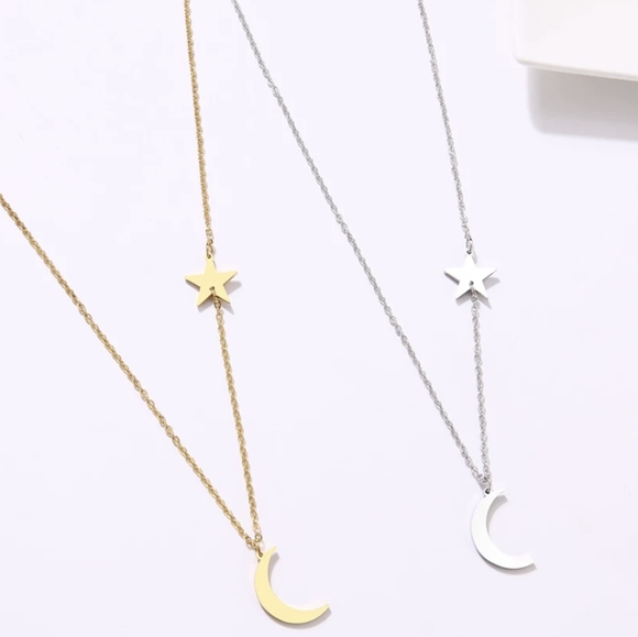 Moon Crescent Star Boho Gold Pendant Necklace - Picture 2 of 9